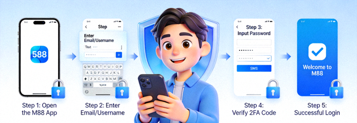 Animasi ilustrasi proses login dan akses ke platform M88 dengan aman